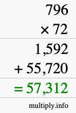 How to calculate 796 times 72 using long multiplication