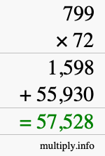 How to calculate 799 times 72 using long multiplication