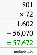 How to calculate 801 times 72 using long multiplication