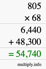 How to calculate 805 times 68 using long multiplication