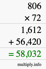 How to calculate 806 times 72 using long multiplication