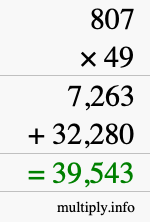 How to calculate 807 times 49 using long multiplication