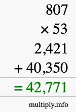 How to calculate 807 times 53 using long multiplication