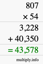 How to calculate 807 times 54 using long multiplication