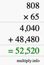 How to calculate 808 times 65 using long multiplication