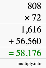 How to calculate 808 times 72 using long multiplication