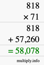 How to calculate 818 times 71 using long multiplication