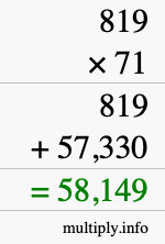 How to calculate 819 times 71 using long multiplication