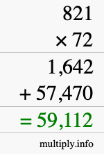 How to calculate 821 times 72 using long multiplication