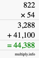 How to calculate 822 times 54 using long multiplication