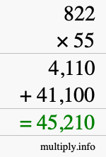 How to calculate 822 times 55 using long multiplication
