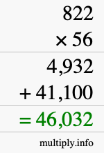 How to calculate 822 times 56 using long multiplication