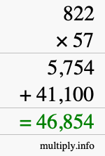 How to calculate 822 times 57 using long multiplication