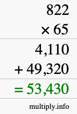 How to calculate 822 times 65 using long multiplication