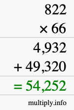 How to calculate 822 times 66 using long multiplication
