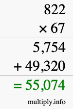 How to calculate 822 times 67 using long multiplication