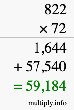 How to calculate 822 times 72 using long multiplication