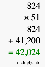 How to calculate 824 times 51 using long multiplication