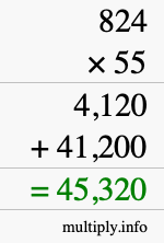 How to calculate 824 times 55 using long multiplication