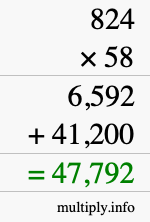 How to calculate 824 times 58 using long multiplication