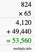 How to calculate 824 times 65 using long multiplication