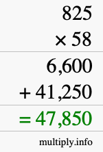 How to calculate 825 times 58 using long multiplication