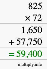 How to calculate 825 times 72 using long multiplication