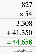 How to calculate 827 times 54 using long multiplication