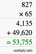 How to calculate 827 times 65 using long multiplication