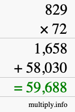 How to calculate 829 times 72 using long multiplication