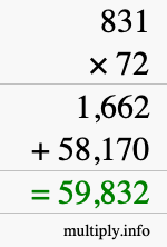 How to calculate 831 times 72 using long multiplication