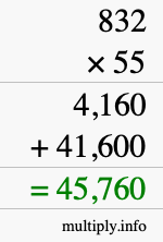 How to calculate 832 times 55 using long multiplication
