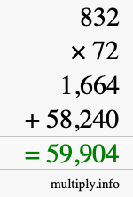 How to calculate 832 times 72 using long multiplication