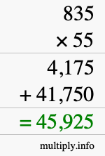 How to calculate 835 times 55 using long multiplication