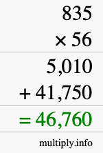 How to calculate 835 times 56 using long multiplication