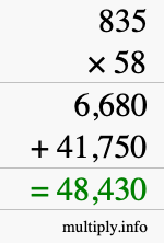 How to calculate 835 times 58 using long multiplication