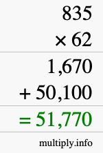 How to calculate 835 times 62 using long multiplication