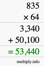 How to calculate 835 times 64 using long multiplication