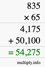 How to calculate 835 times 65 using long multiplication