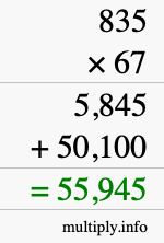 How to calculate 835 times 67 using long multiplication