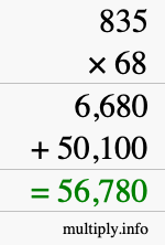 How to calculate 835 times 68 using long multiplication