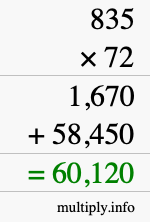 How to calculate 835 times 72 using long multiplication