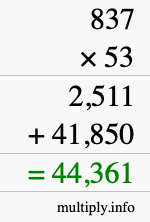 How to calculate 837 times 53 using long multiplication