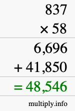 How to calculate 837 times 58 using long multiplication