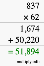 How to calculate 837 times 62 using long multiplication