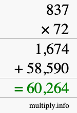 How to calculate 837 times 72 using long multiplication