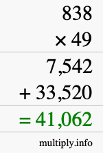 How to calculate 838 times 49 using long multiplication