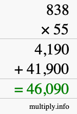 How to calculate 838 times 55 using long multiplication