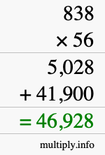 How to calculate 838 times 56 using long multiplication