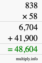 How to calculate 838 times 58 using long multiplication